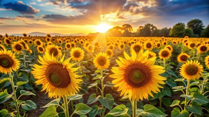 Vibrant sunflowers blooming in a sun-kissed field, sunflowers, vibrant, blooming, yellow, petals, field, nature, summer, sun