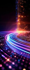 Abstract neon light trails with glowing dots in a futuristic digital landscape. Perfect for technology, data, and cyber themes.