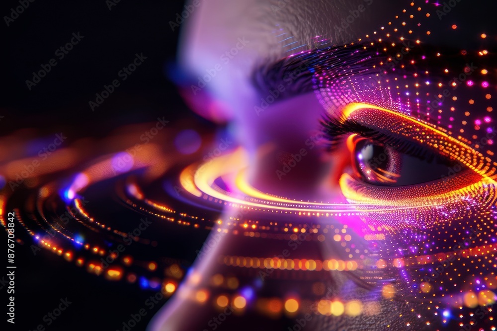 Aufkleber close-up of a futuristic, digitally enhanced human face with glowing neon dots and lines symbolizing
