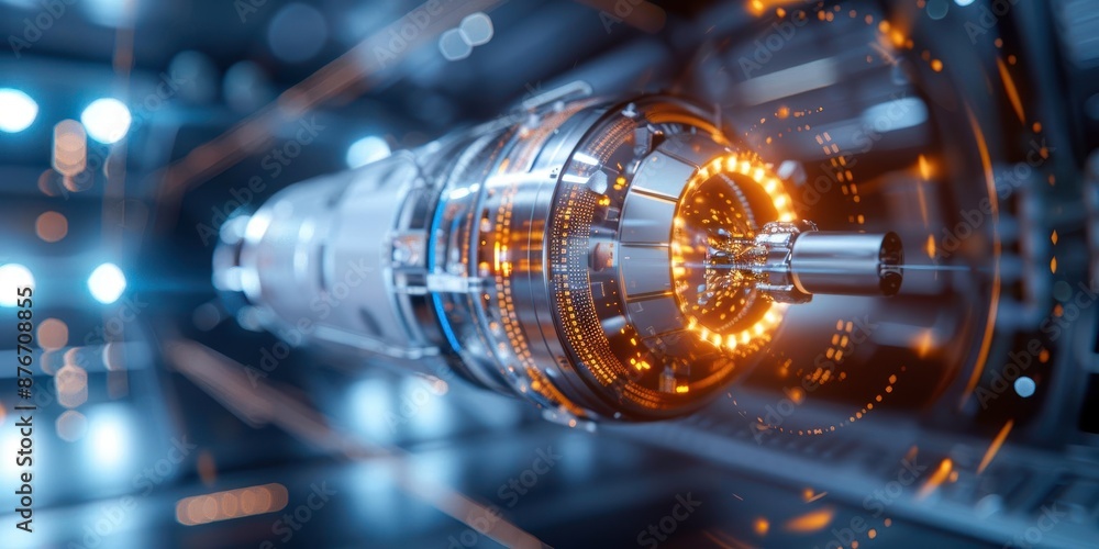 Poster close-up of a futuristic high-tech machine component with intricate details and glowing lights, show