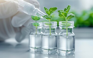 Close-up of a hand holding a pipette and adding liquid to small glass containers with plants, symbolizing scientific research in biotechnology and agriculture.