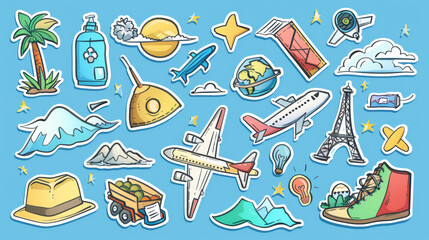 Stickers for travel enthusiasts! Blue background sticker set of travel-related items, hand drawn for a unique look.