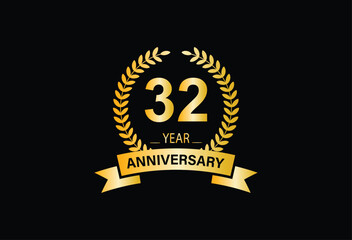 32th Anniversary Celebration. Logo design with golden ring and text for anniversary celebration event, invitation, wedding, greeting card, banner, poster, flyer, brochure. Logo Vector Template