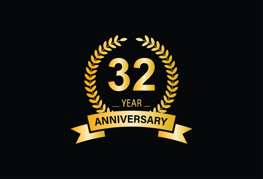 32th Anniversary Celebration. Logo design with golden ring and text for anniversary celebration event, invitation, wedding, greeting card, banner, poster, flyer, brochure. Logo Vector Template