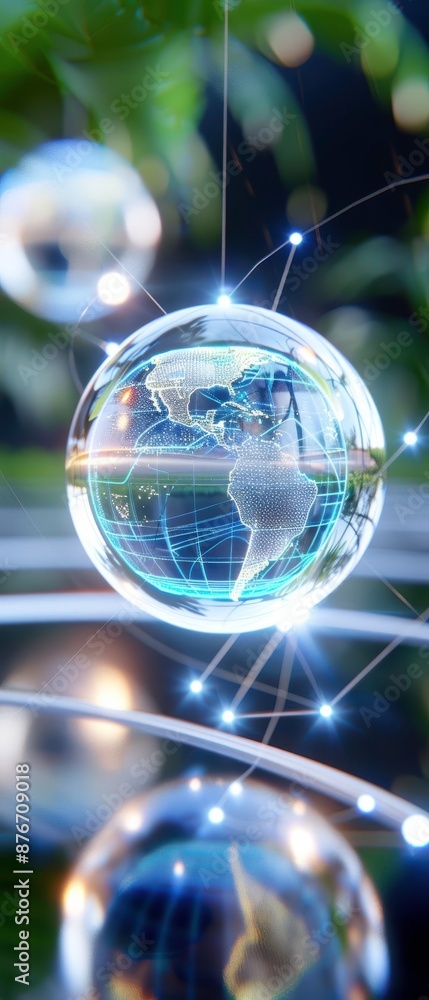 Poster close-up view of a glowing glass globe with network connections, symbolizing global communication an