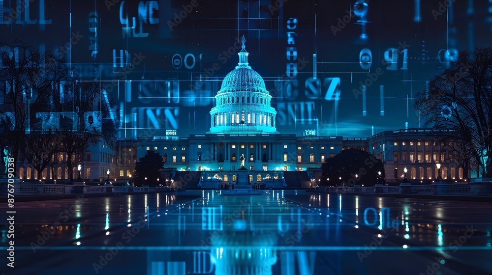 Poster futuristic data center with rows of servers under blue led lights symbolizing cloud computing and di