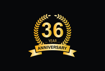 36 Years Anniversary Celebration. Anniversary logo with ring and elegance golden color isolated on black background, vector design for celebration, invitation card, and greeting card