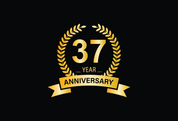 37th golden anniversary logo with ring and ribbon. Vector design template elements for your birthday celebration.