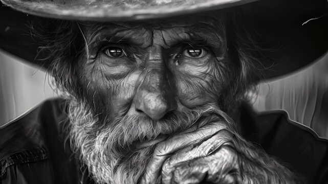 A weathered farmer with calloused hands and a rugged beard his gaze filled with a quiet determination. Black and white art