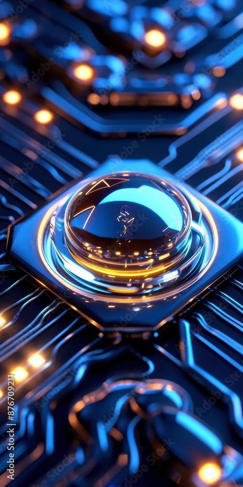 Poster futuristic 3d illustration of a glowing circuit board with a central microchip featuring a shiny sur