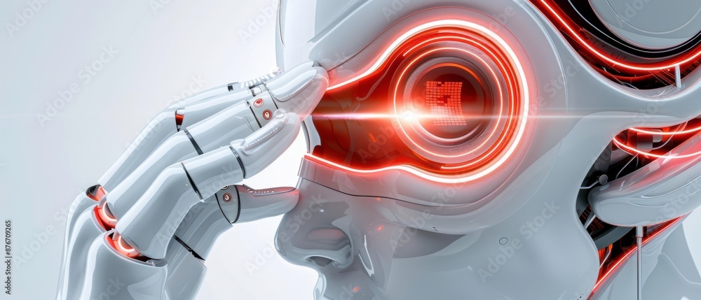 Poster futuristic ai robot saluting with glowing eye, embodying advanced technology and artificial intellig