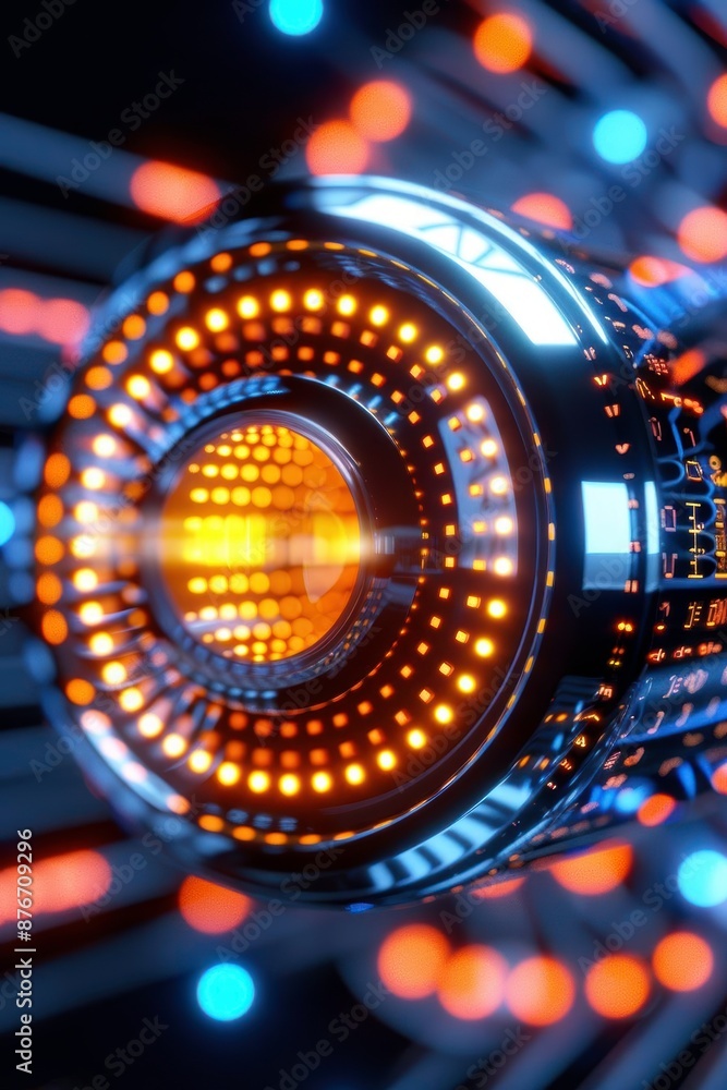 Poster futuristic close-up of a glowing circular device with intricate led lights and a detailed mechanical