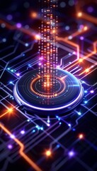 Obraz premium Futuristic circuit board with glowing elements and digital data flow, representing advanced technology and artificial intelligence.