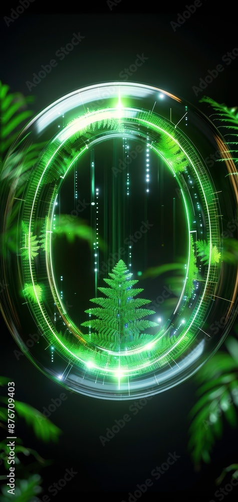 Poster futuristic digital interface with a glowing fern, symbolizing nature and technology fusion in a gree