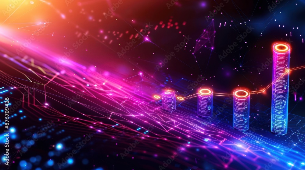Aufkleber futuristic digital landscape with glowing circuit patterns and stacked coin imagery, representing fi
