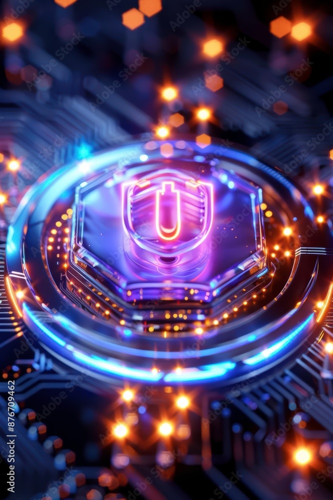Poster futuristic digital shield icon on a circuit board, representing cyber security and data protection i