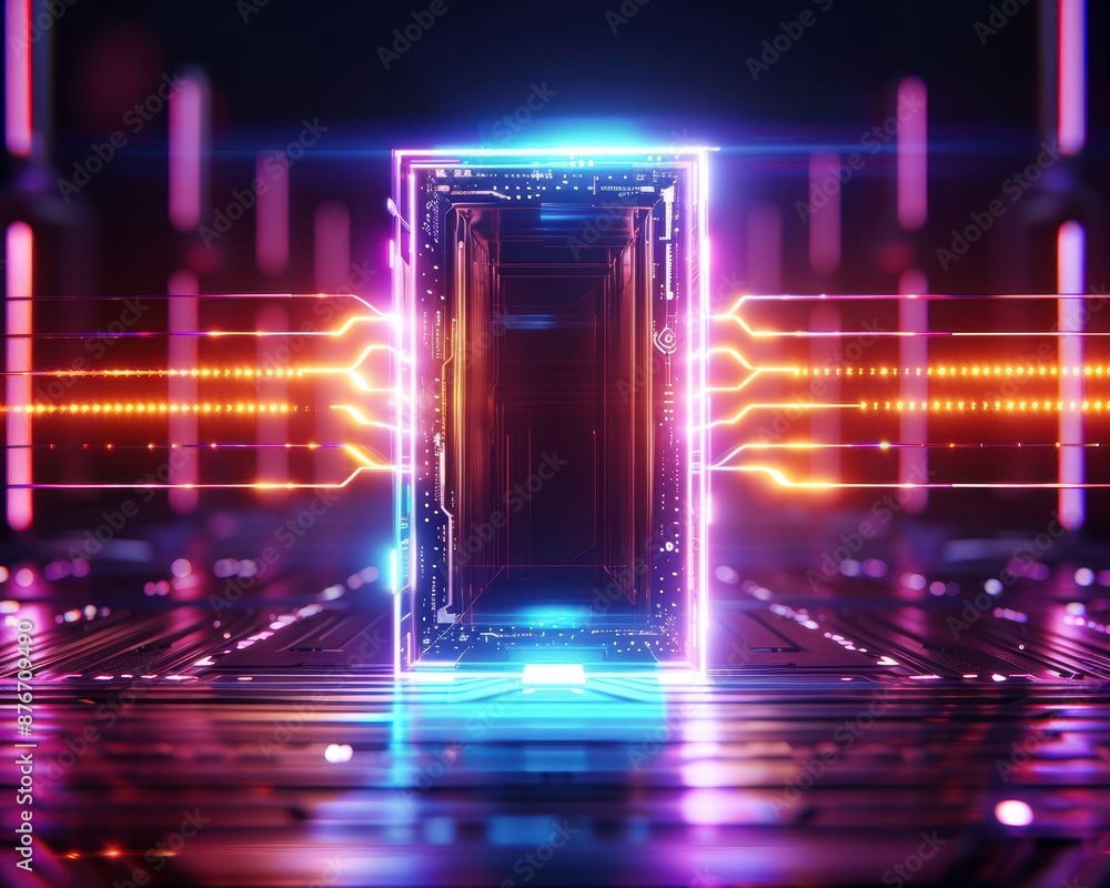 Poster futuristic glowing microchip surrounded by a neon-lit circuit board. technology and artificial intel