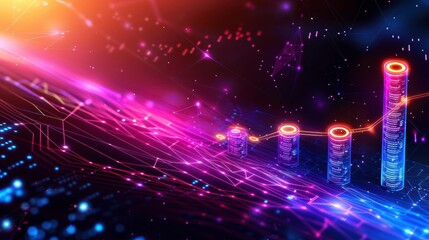 Obraz premium Futuristic digital landscape with glowing circuit patterns and stacked coin imagery, representing finance and technology convergence.