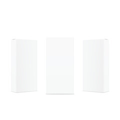 Three white, blank rectangular boxes standing upright in a row. Vector