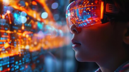 A child wearing futuristic goggles, gazing into a glowing digital interface.