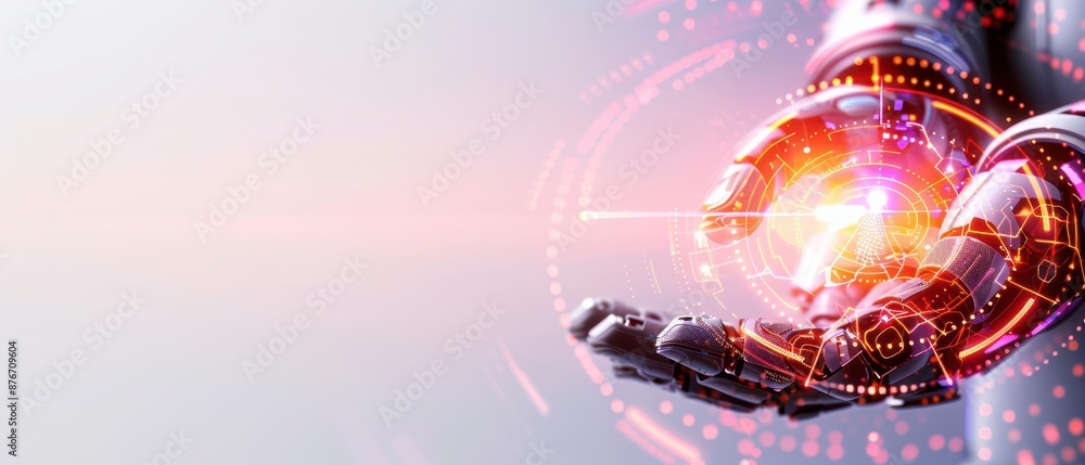 Poster futuristic robotic hand holding a glowing orb, symbolizing artificial intelligence and advanced tech