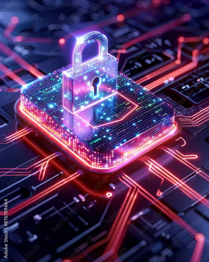 Aufkleber glowing digital lock symbolizing cybersecurity and data protection on a futuristic circuit board bac