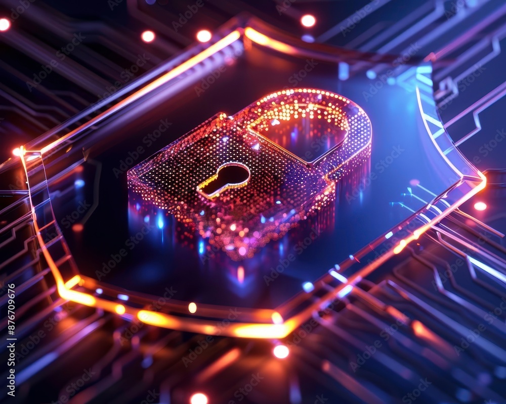 Poster glowing padlock on a circuit board symbolizing cybersecurity, digital security, and data protection 