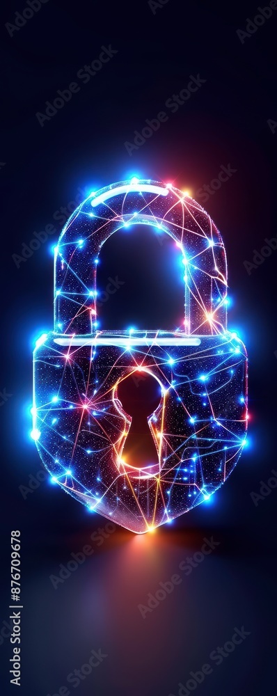 Poster glowing padlock formed by interconnected lights symbolizes data protection, cybersecurity, and secur