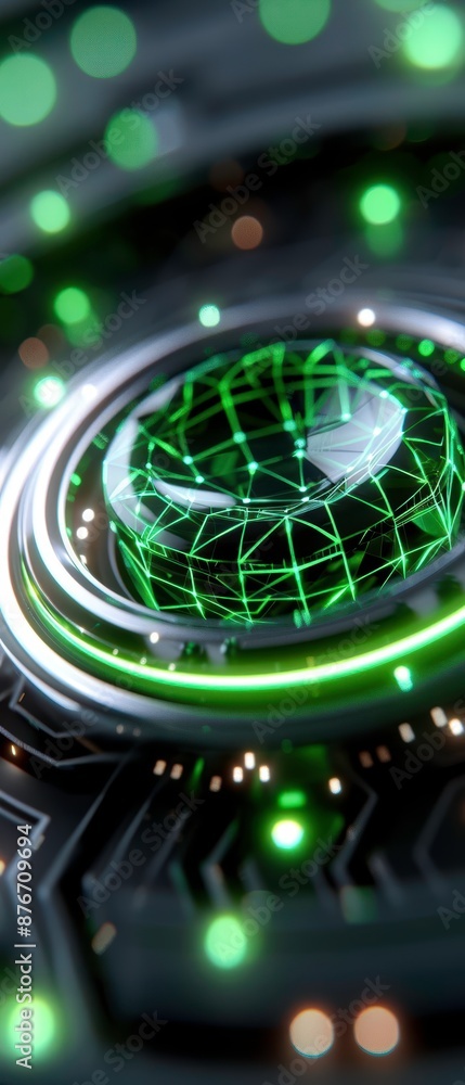 Poster high-tech futuristic device with glowing green lights and intricate digital patterns. perfect for sc