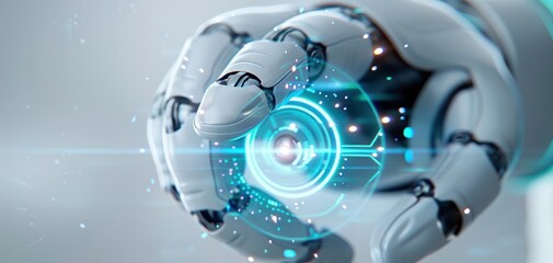 Futuristic robotic hand with glowing digital interface, showcasing advanced technology and artificial intelligence in a high-tech setting.