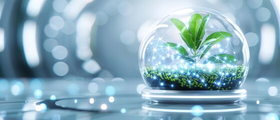 Green plant in a glass dome with sparkling lights, symbolizing growth and innovation in a futuristic setting.