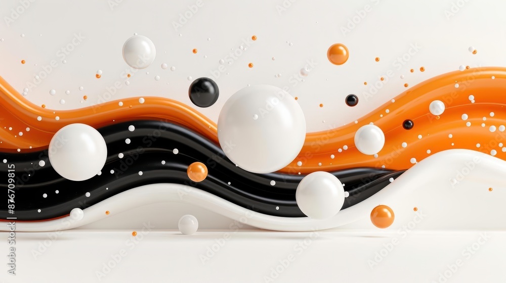 Poster modern abstract art with monochromatic tones and golden accents, featuring flowing waves and floatin