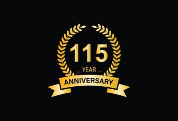 115th Anniversary Celebration. Anniversary logo design with golden color laurel wreath for birthday celebration event, invitation, greeting card, banner,