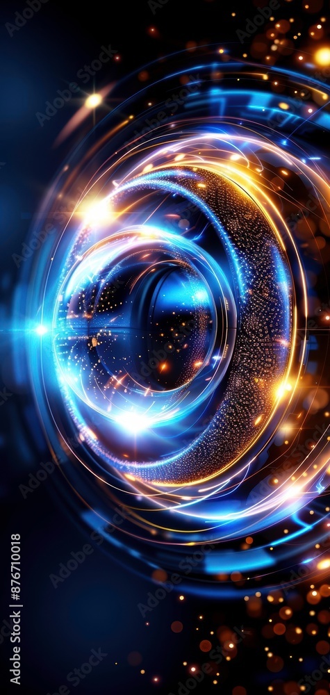 Poster vibrant abstract digital art featuring swirling blue and gold light patterns on a dark background, c