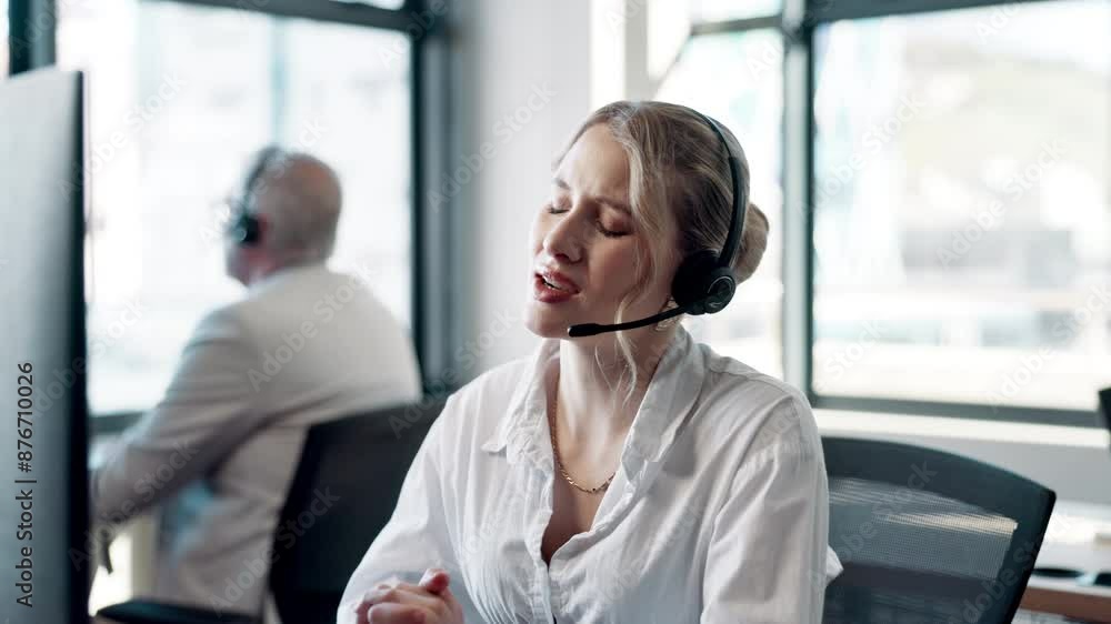 Aufkleber call center, woman and consulting on microphone for support, help desk and advice for customer servi