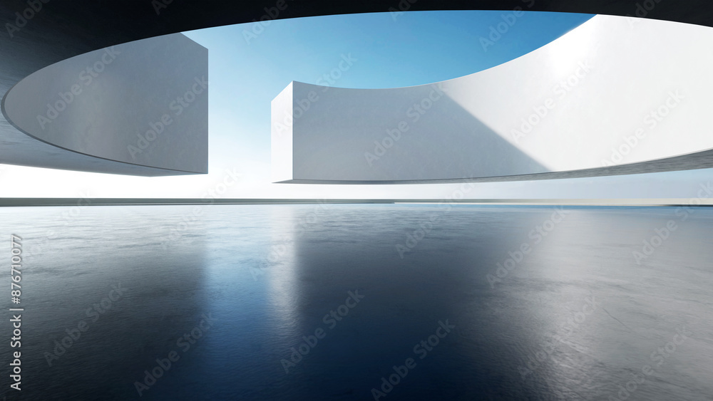Poster 3d render of abstract curved structure futuristic architecture with empty concrete floor