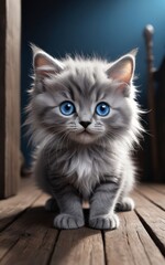 Fototapeta premium Grey cat in spooky halloween wooden planks dark horror background