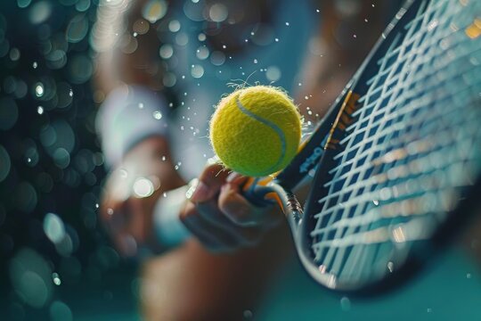 Closeup of tennis racket hitting ball during match.