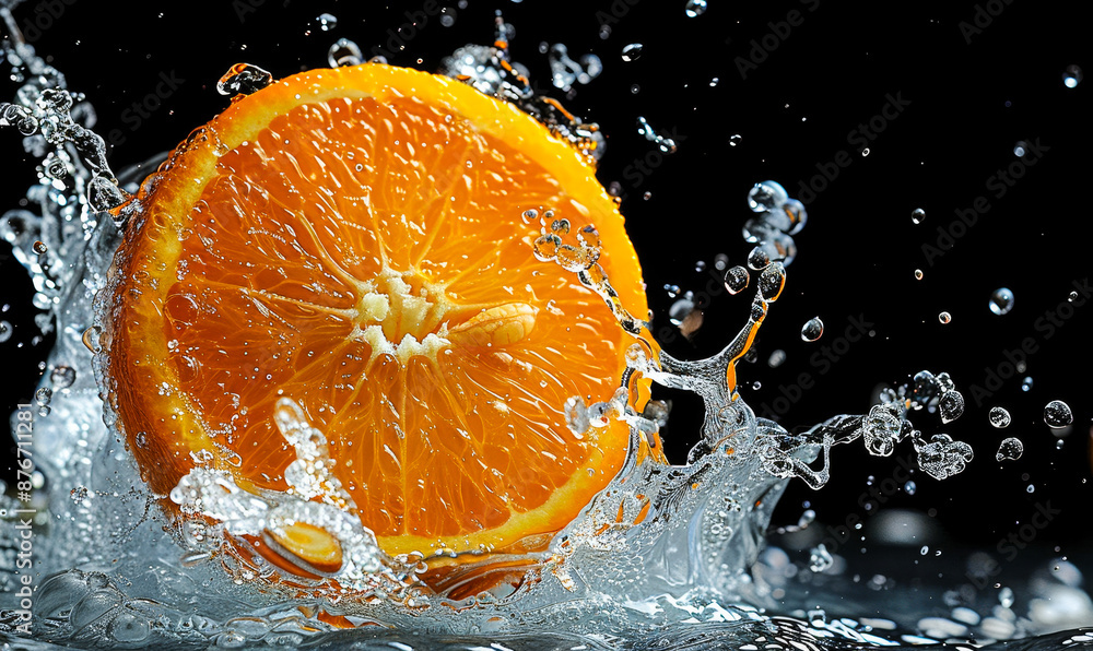 Aufkleber fresh juicy orange slice splashing into water with dynamic splash on black background refreshing vib