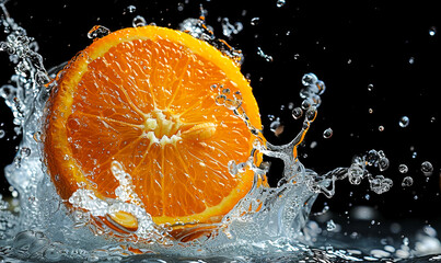 Fresh Juicy Orange Slice Splashing into Water with Dynamic Splash on Black Background Refreshing Vibrant Concept for Health and Hydration