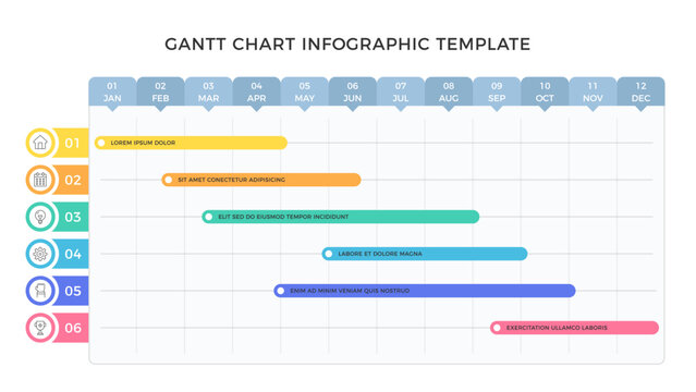 Project time plan with 6 tasks, gantt chart, timeline infographic template, vector eps10 illustration