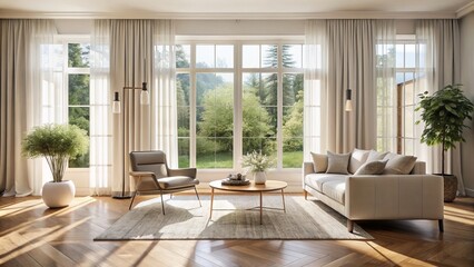 Fototapeta premium Bright And Airy Living Room With Large Windows And A Comfortable Seating Area