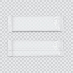 Two white, blank packaging wrappers on a transparent checkered background. Vector
