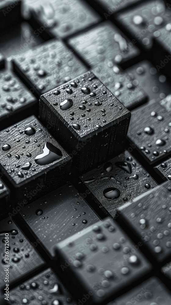 Poster moody black cube design with water droplets - abstract minimalism concept for modern technology back
