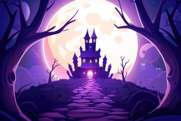 Full moon, 3D haunted castle, flat design illustration