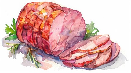 Sliced Easter ham, food element, watercolor style, bright tones, isolated on white background