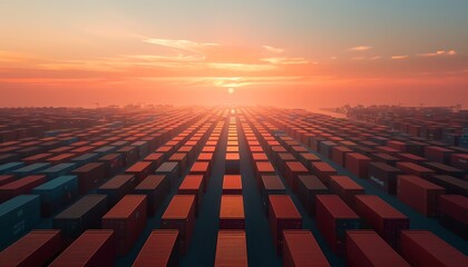 Obraz premium Aerial view of a massive container port at dusk, capturing the scale and complexity of global shipping networks