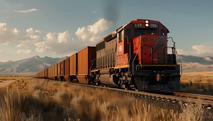 Fototapeta premium Diesel locomotive pulling cargo, mountains in the background, noon, panoramic, clear skies, crisp detail