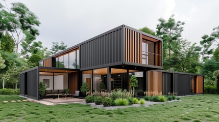 Fototapeta premium Eco-friendly containers repurposed as modern homes in a lush green setting, showcasing sustainable living