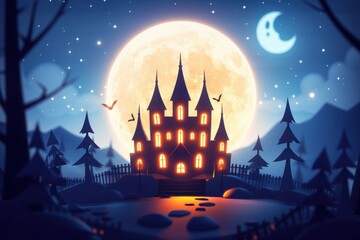 Fototapeta premium Full moon, 3D haunted castle, flat design illustration